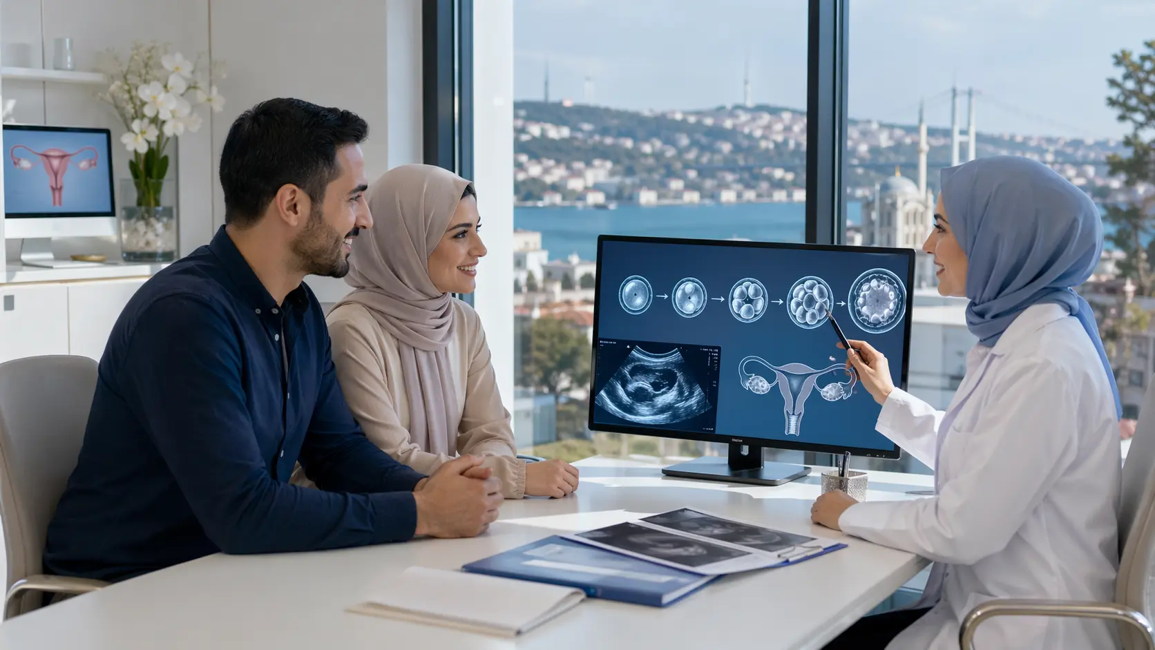 طبيبة خصوبة تشرح لزوجين خطوات علاج أطفال الأنابيب ونتائج الفحوصات داخل مركز طبي حديث