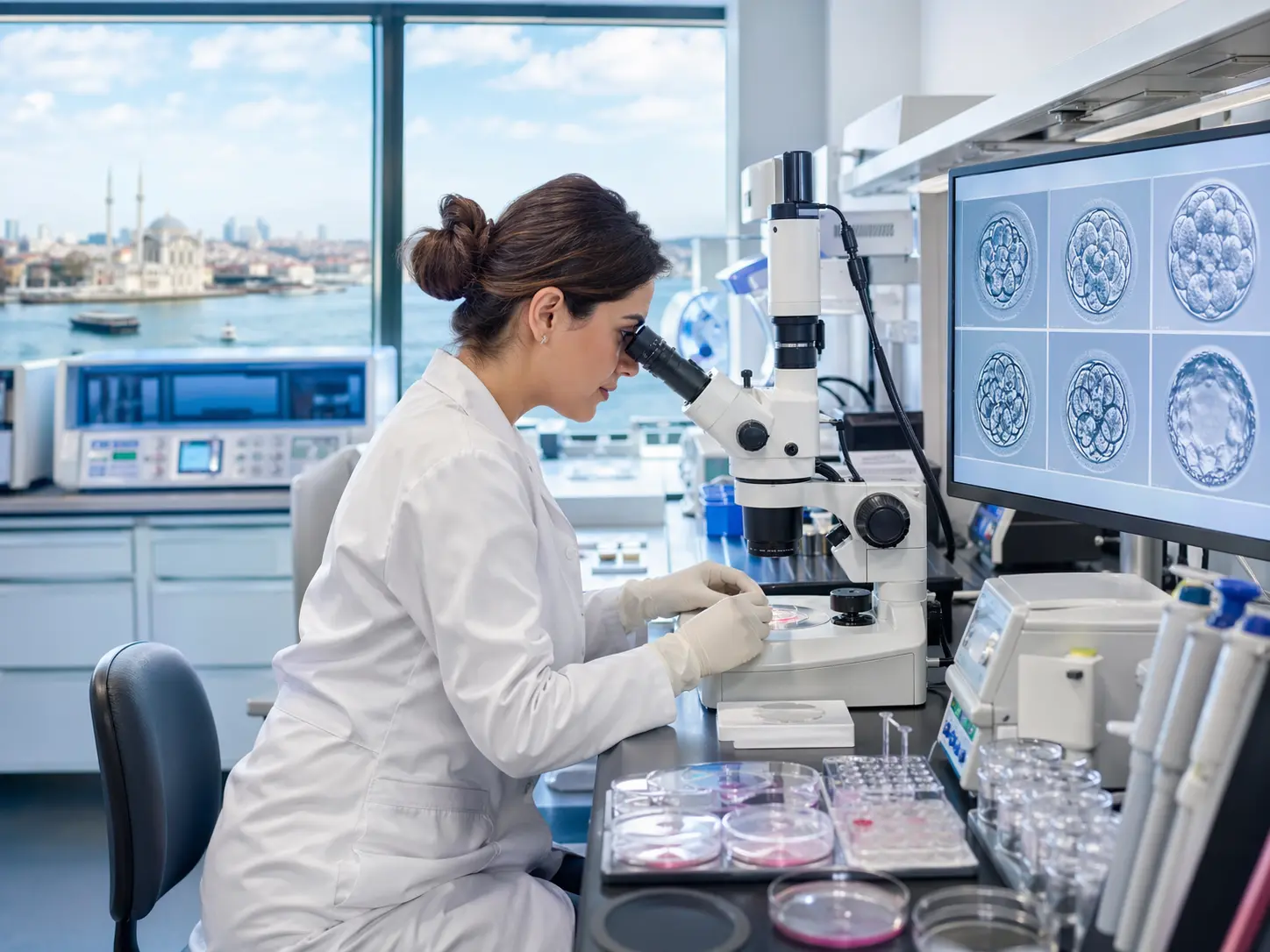 أخصائية أجنة تعمل داخل مختبر حديث ل عملية أطفال الأنابيب في تركيا وتفحص الأجنة بالمجهر في مركز خصوبة متطور