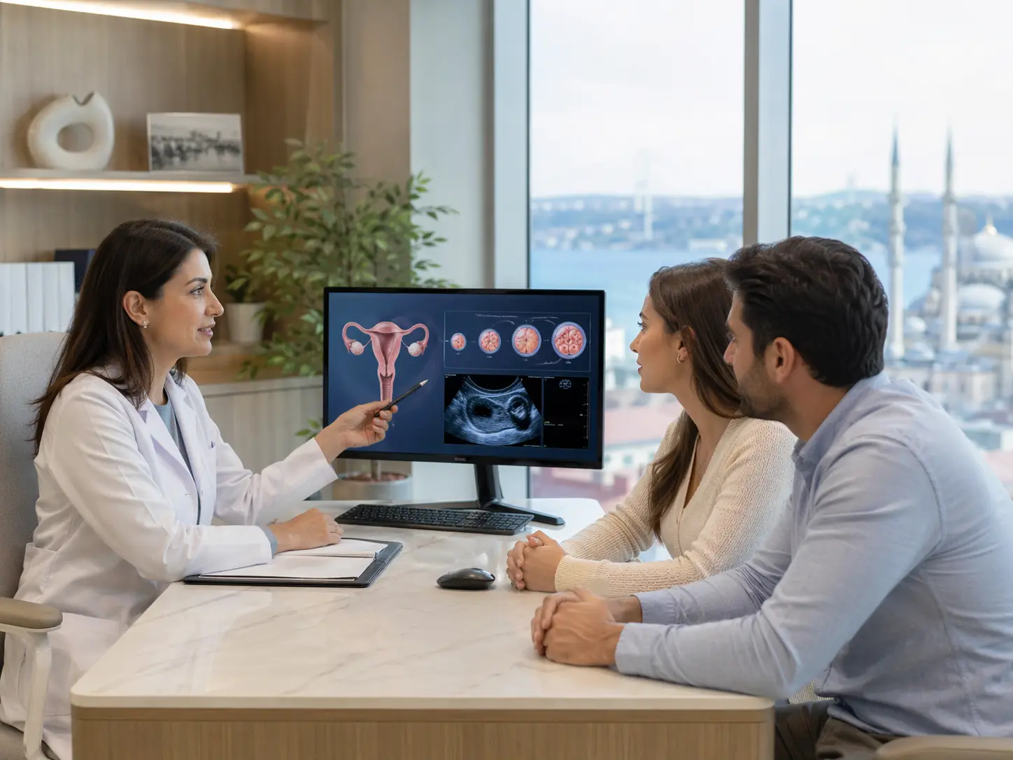 استشارة طبية لزوجين حول عملية أطفال الأنابيب مع شرح مراحل تطور الأجنة على شاشة داخل عيادة خصوبة حديثة