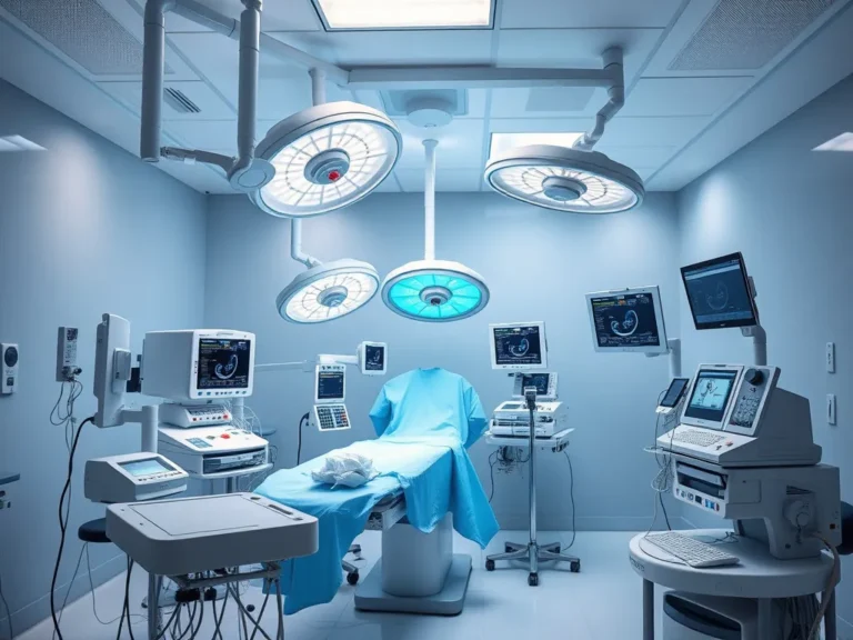 تصوير فوتوغرافي واقعي لغرفة عمليات جراحية حديثة تُستخدم في عمليات تكميم المعدة في تركيا، مجهزة بمعدات طبية متقدمة وإضاءة احترافية، بجودة عالية وبأسلوب تصوير مهني احترافي.