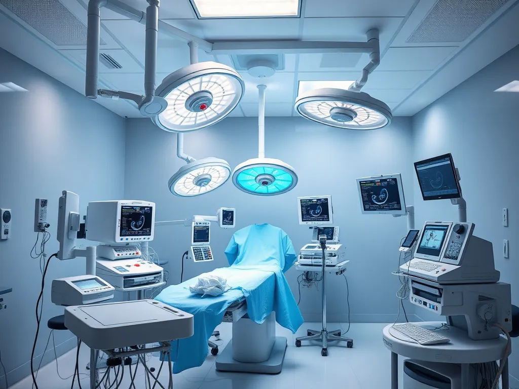 تصوير فوتوغرافي واقعي لغرفة عمليات جراحية حديثة تُستخدم في عمليات تكميم المعدة في تركيا، مجهزة بمعدات طبية متقدمة وإضاءة احترافية، بجودة عالية وبأسلوب تصوير مهني احترافي.