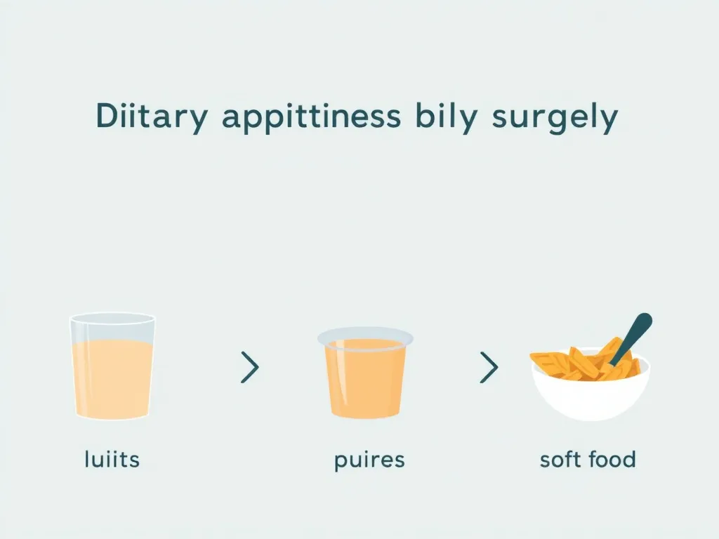 رسم توضيحي للتعديلات الغذائية بعد الجراحة: مراحل السوائل، والأطعمة المهروسة، والأطعمة اللينة، بتنسيق تسلسلي وأسلوب بسيط