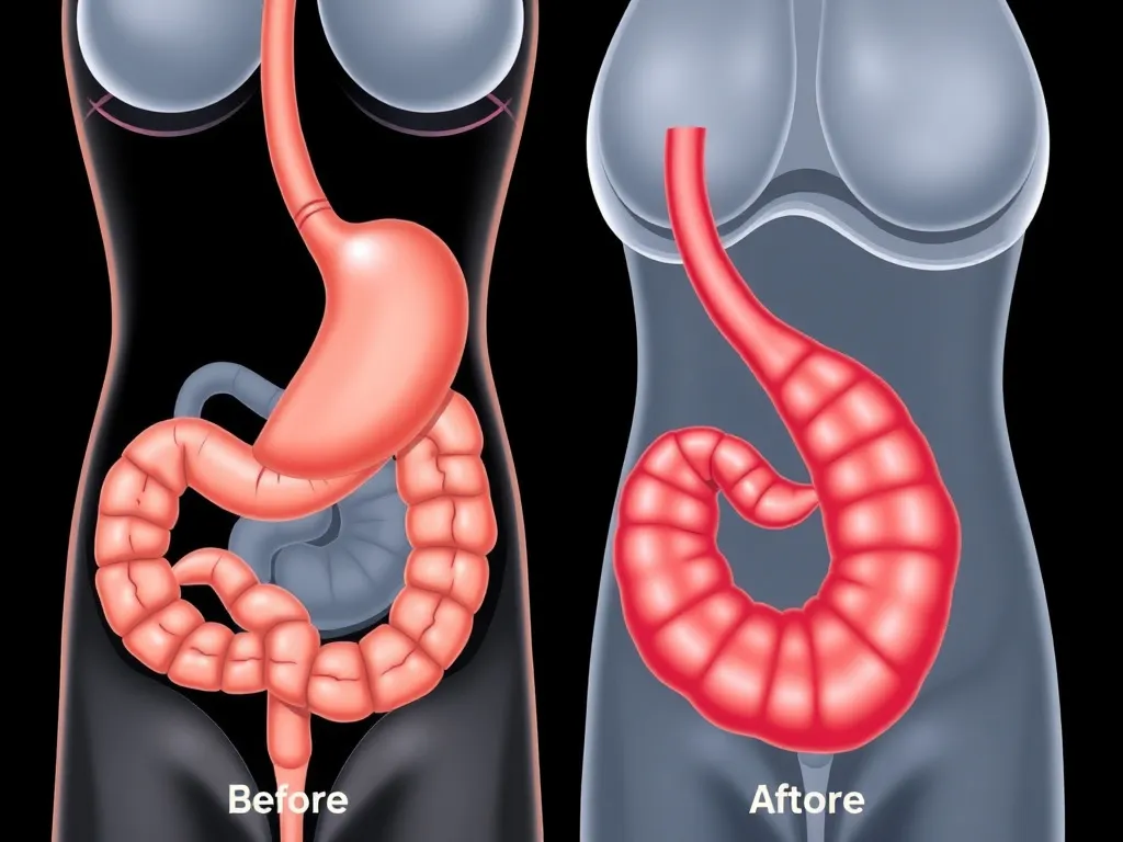 رسم توضيحي للمعدة البشرية قبل عملية تكميم المعدة وبعدها، يُظهر انخفاض حجم المعدة، بأسلوب علمي تفصيلي.