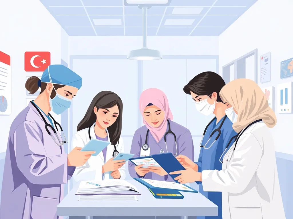 Illustration of healthcare professionals collaborating in a Turkish hospital, using digital health records and technology
