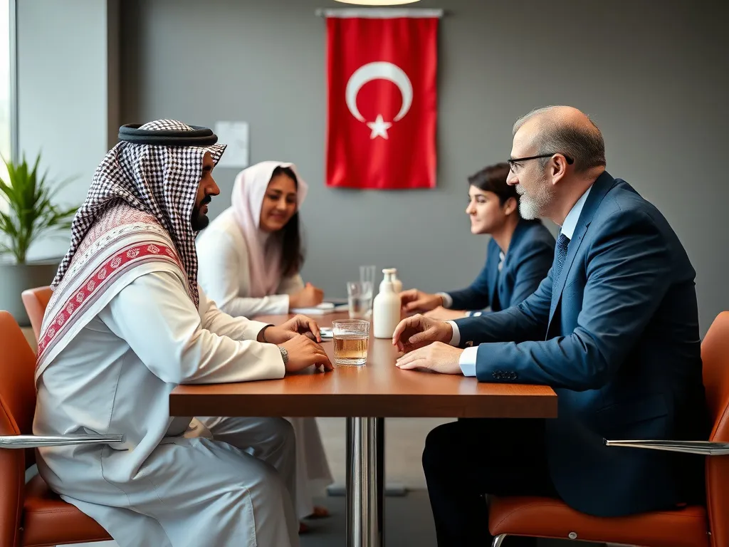 A multicultural and collaborative business meeting scene between Arab and Turkish healthcare investors
