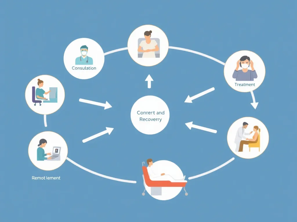 Diagram illustrating multistep healthcare process from remote consultation to treatment and recovery, schematic illustration with clear medical infographic style