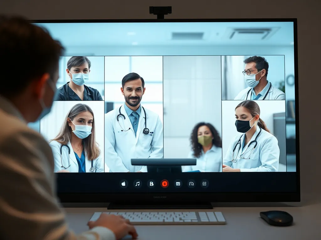 A diverse medical team discussing a patient's case on a video call, professional medical editorial style, showing a global collaboration in healthcare