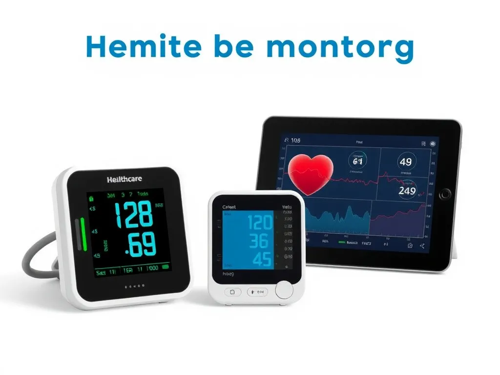 High-quality image of healthcare tools used for remote monitoring like digital blood pressure monitors and tablets showing health data, educational infographic style