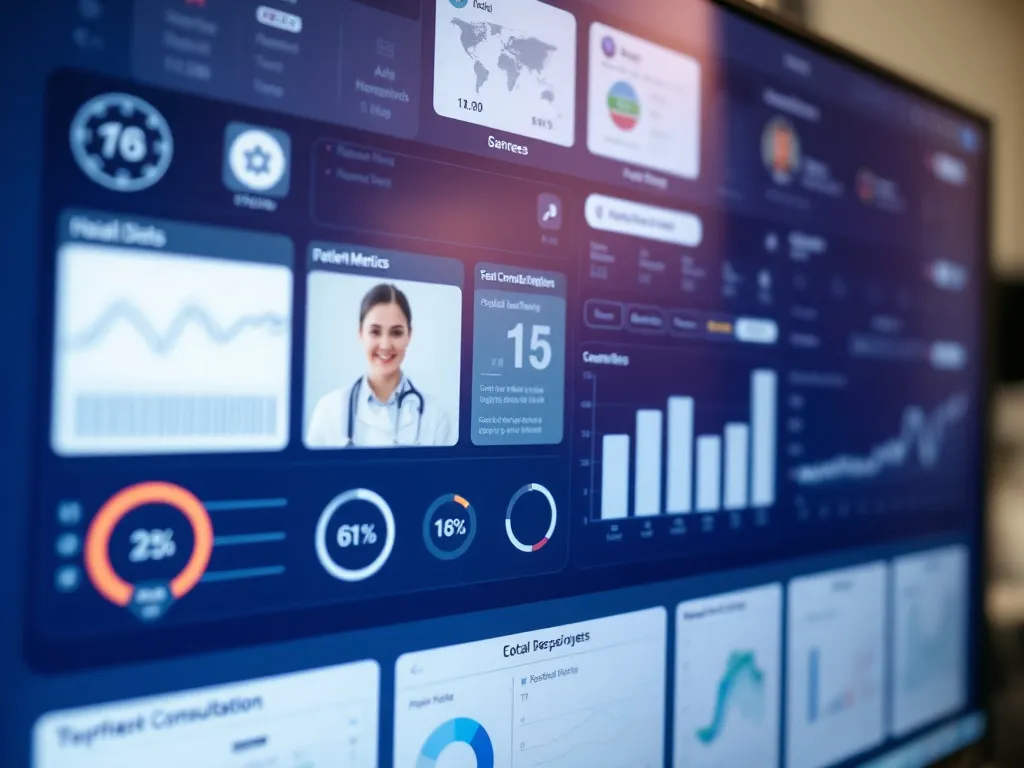 Close-up of a virtual consultation platform interface displaying various health metrics and patient data, detailed and professional, on a computer screen.