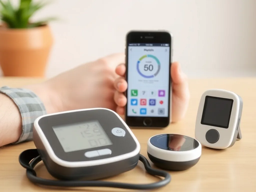 Devices for health monitoring at home such as a blood pressure monitor and glucose meter, with a smartphone app displaying results.
