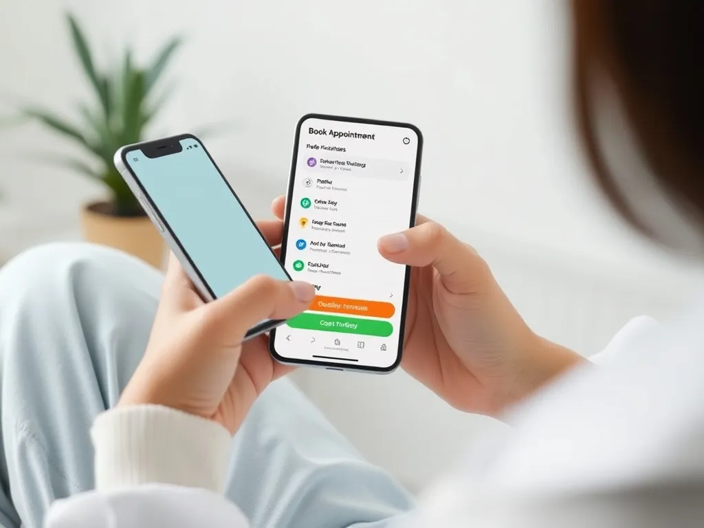 A patient using a mobile health app to book an appointment, with notifications and reminders interface visible on the phone screen.