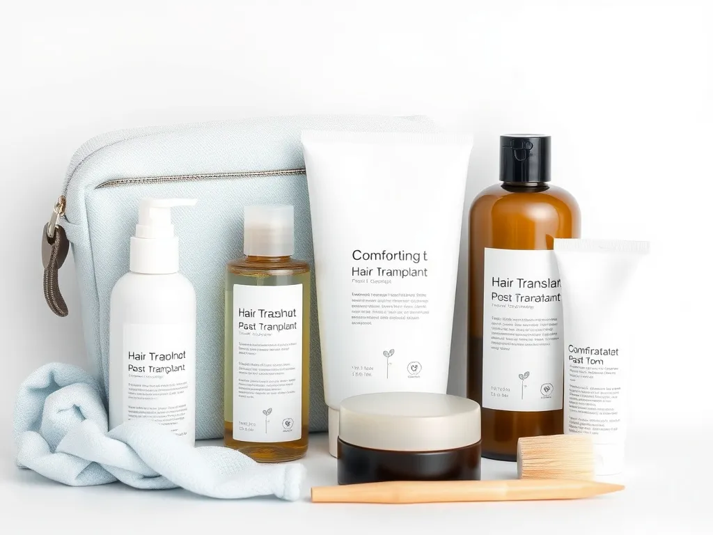Image of a comforting hair transplant post-operation kit containing shampoo and care products
