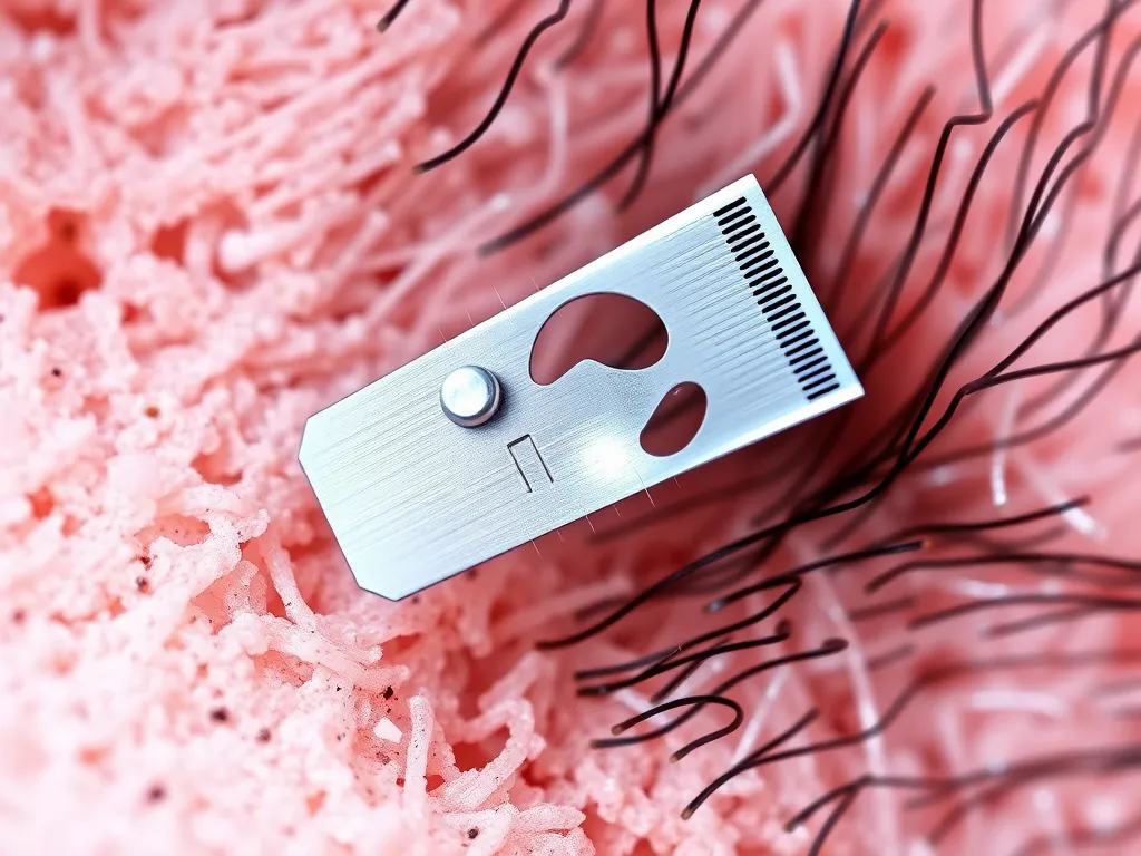 Microscopic view of Sapphire FUE blade in hair transplant, high detail, clean and precise cutting illustration