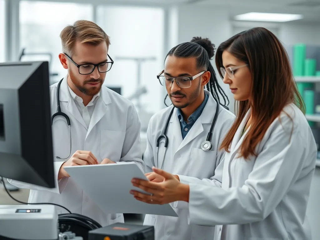 Image of professional data scientists and healthcare engineers collaborating in a modern lab, analyzing data for AI system improvements. صورة لعلماء بيانات محترفين ومهندسي رعاية صحية يتعاونون في مختبر حديث، لتحليل البيانات بهدف تحسين أنظمة الذكاء الاصطناعي.