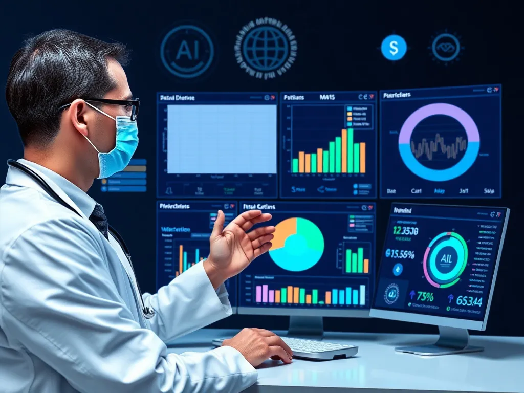 Doctors using AI-driven clinical decision support system to review patient data, depicted on modern interfaces with clear infographics. يستخدم الأطباء نظام دعم القرار السريري المدعوم بالذكاء الاصطناعي لمراجعة بيانات المرضى، ويتم عرضها على واجهات حديثة برسوم بيانية واضحة.