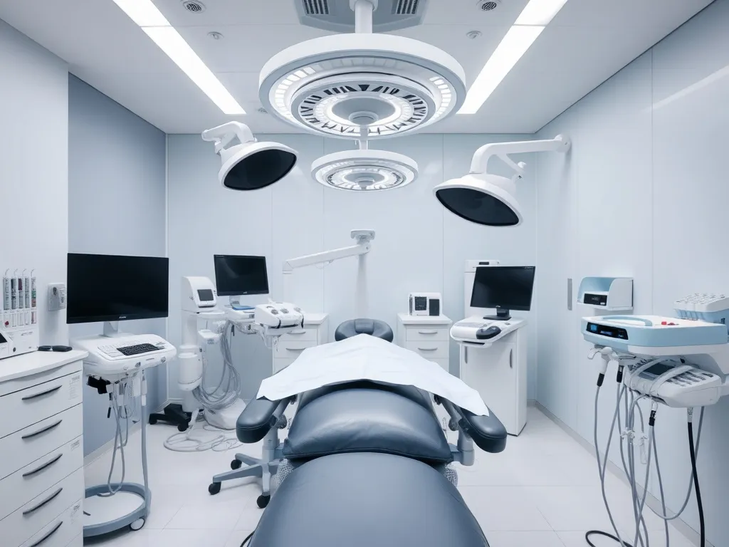 Modern clinic setting showing various hair transplant tools, focusing on cleanliness and advanced technology, professional medical editorial photo
