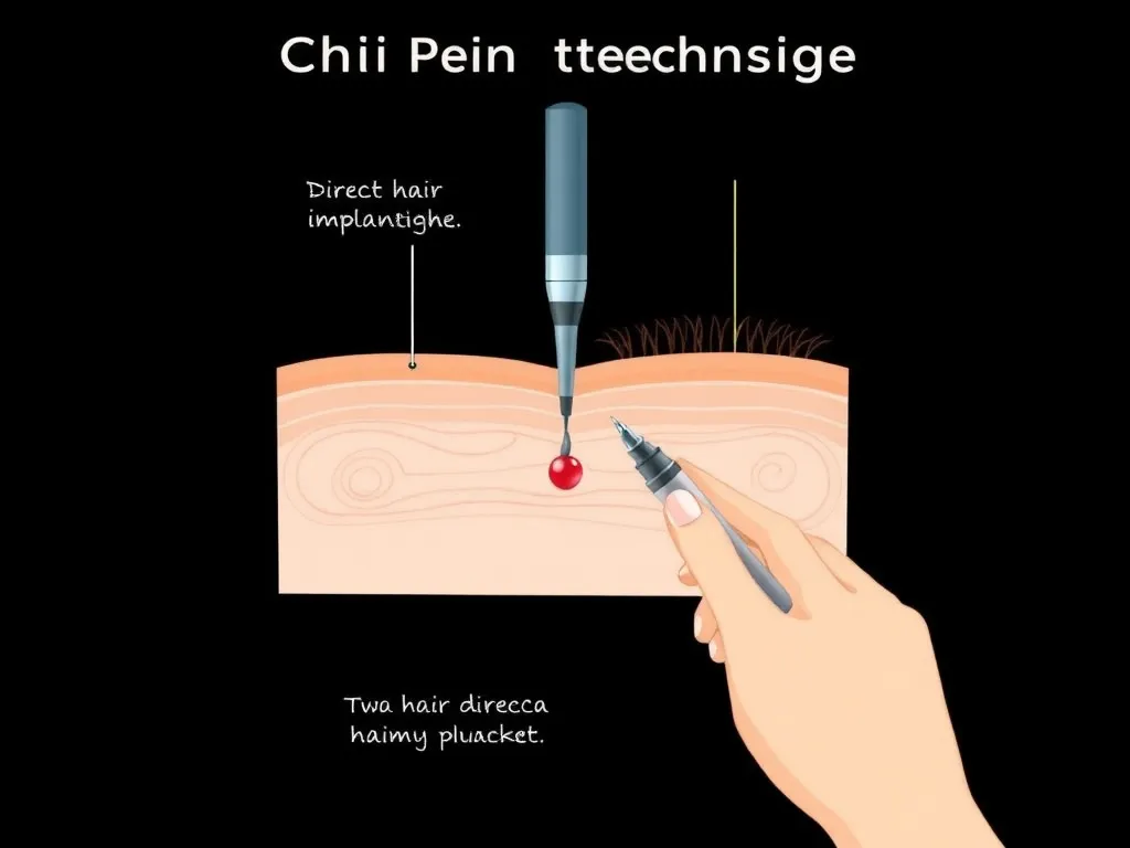 Educational schematic of Choi pen technique; showing direct hair implantation process using a specialized pen, clinical illustration style
