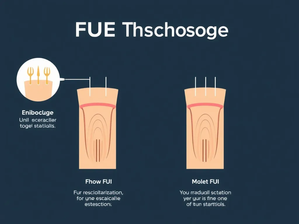 Illustration of FUE technique; diagram showing follicular unit extraction process, clean and educational infographic