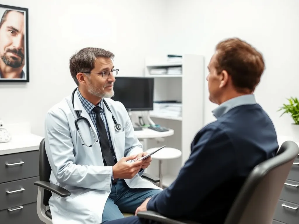 Professional medical editorial style photo showing consultation room with a doctor explaining hair transplant procedures to a patient, both fully clothed
