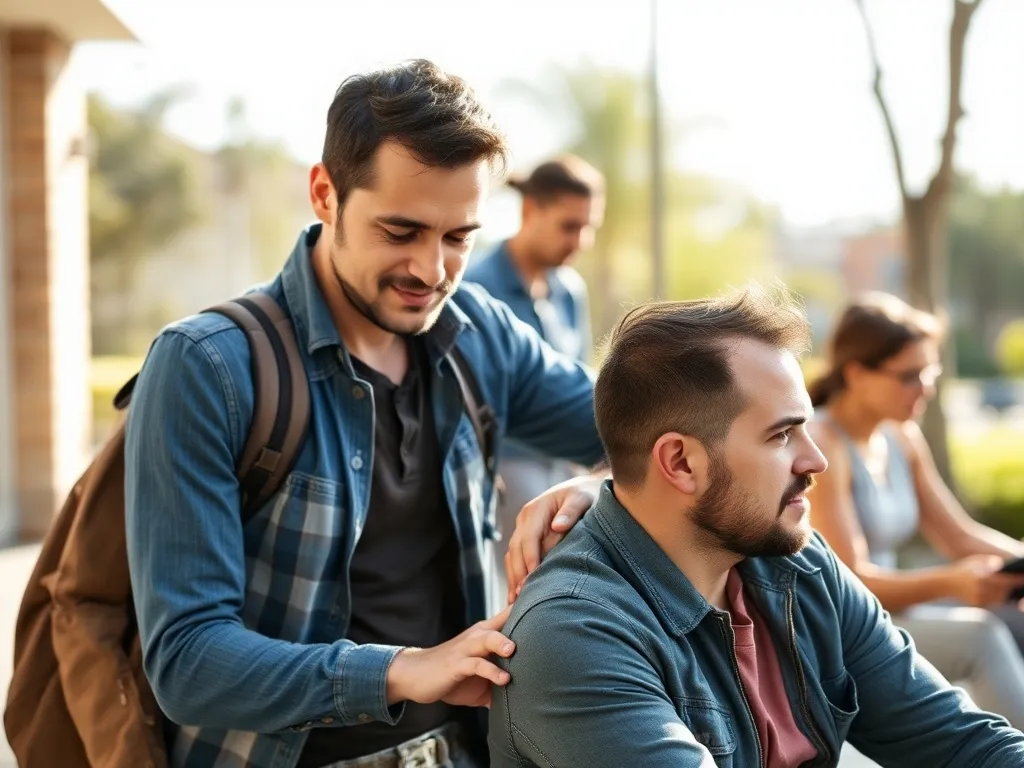Image showcasing the recovery process of hair transplant patients, people living their everyday lives, outdoor natural light, post-surgery lifestyle