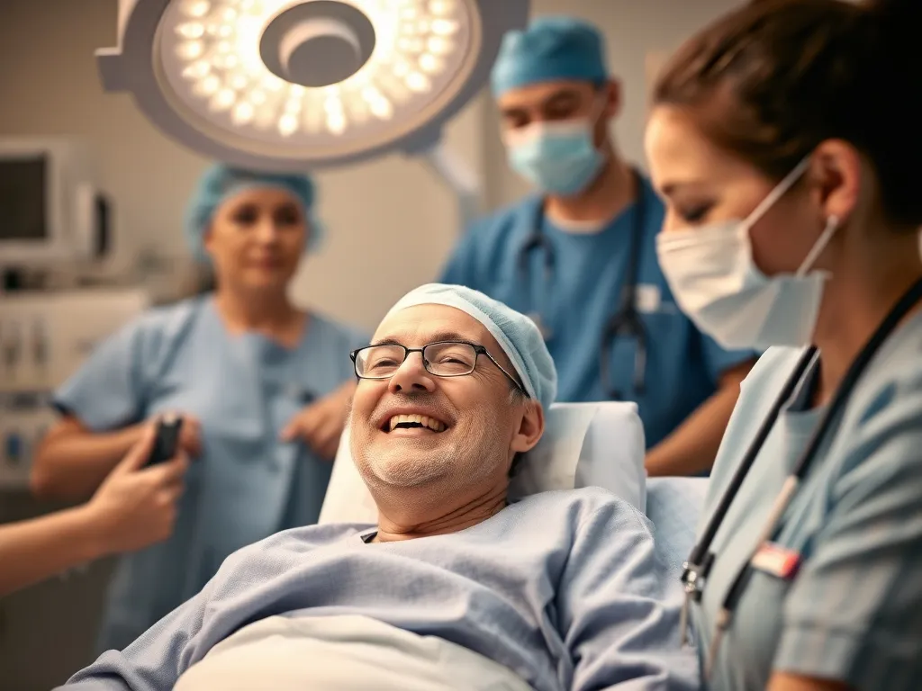 Happy international patient with a medical team, post-operative recovery setting, warm lighting, supportive environment