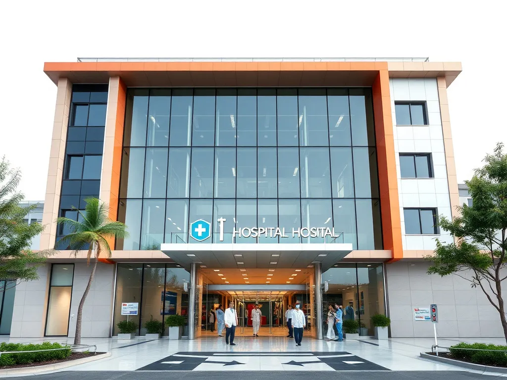 Modern hospital building in Turkey with professional medical staff, showcasing advanced healthcare technology and architectures, outward view, bright and welcoming atmosphere
