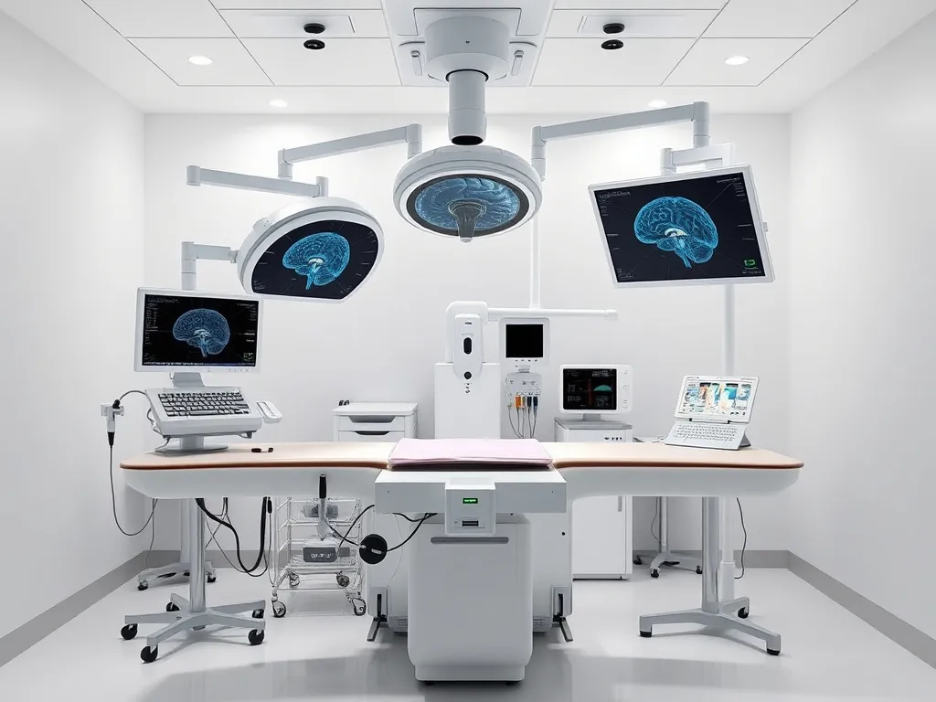 Modern neurosurgical workstation with high-definition microsurgery tools, advanced neuronavigation system, clean white interior