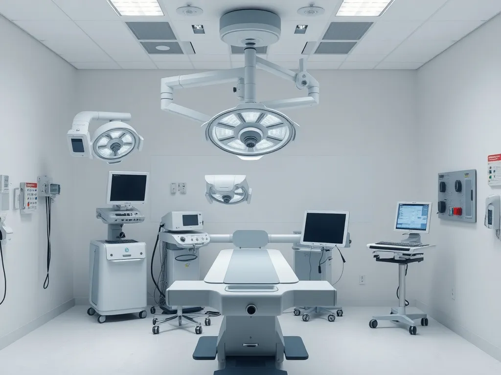 Operating room setup with advanced robotic surgical equipment, professional medical editorial photograph, minimal clutter, futuristic and clean design