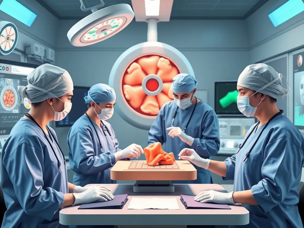 Team of surgeons using 3D modeling and simulations, high-tech medical environment, professional attire, educational illustration style