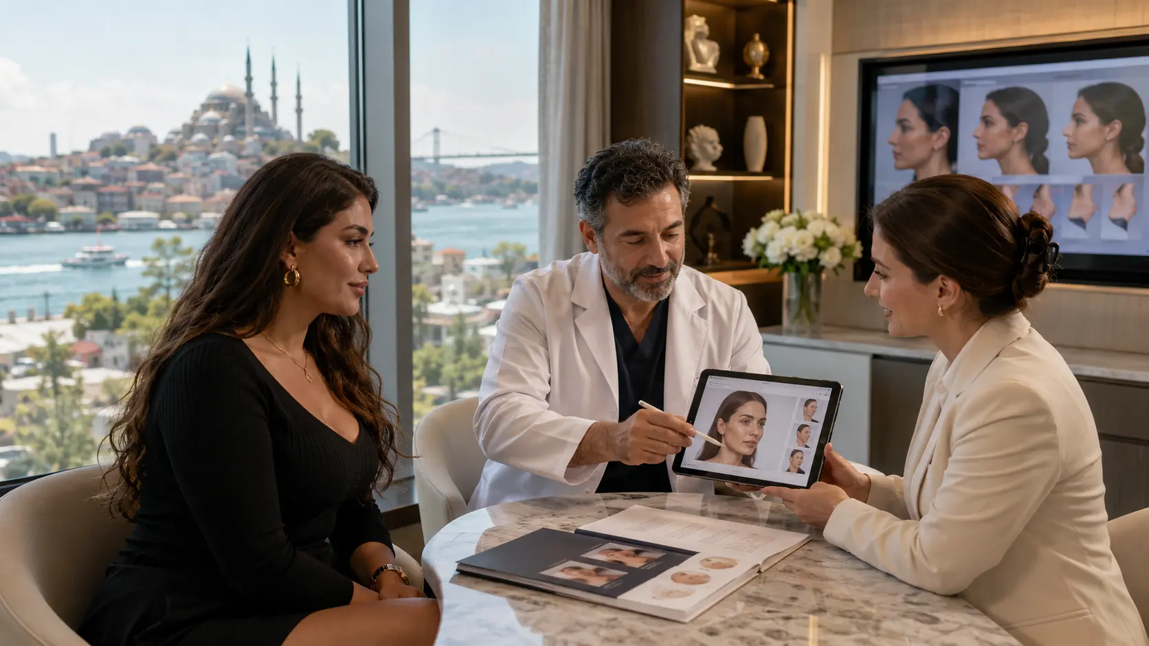 Plastic surgeon discussing facial transformation options with a patient and coordinator in a modern clinic in Turkey