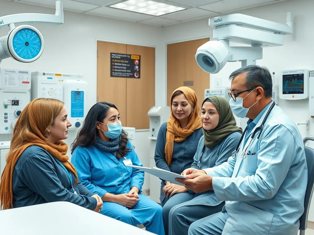 Clinical photography of a patient consultation in Turkey, with multilingual staff and advanced diagnostic equipment, showing diverse patients reviewing their medical treatment plans