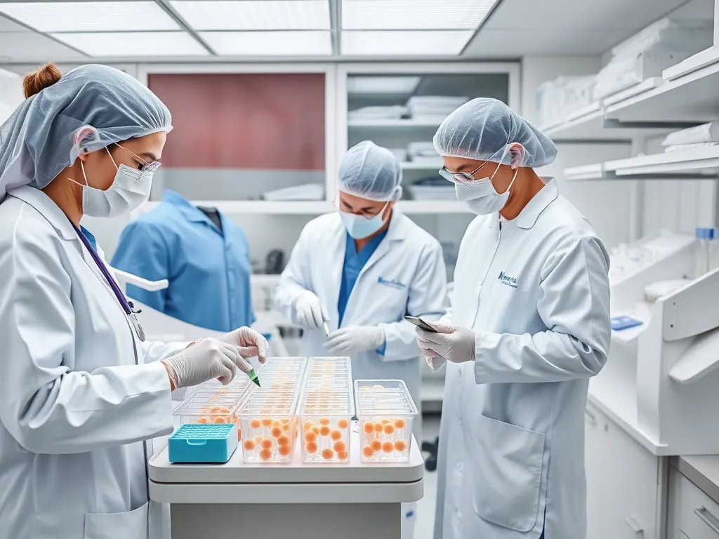 Medical editorial photograph of laboratory setup showing scientists in scrubs working on stem cell cultures in a Turkish research facility, professional scientific setting