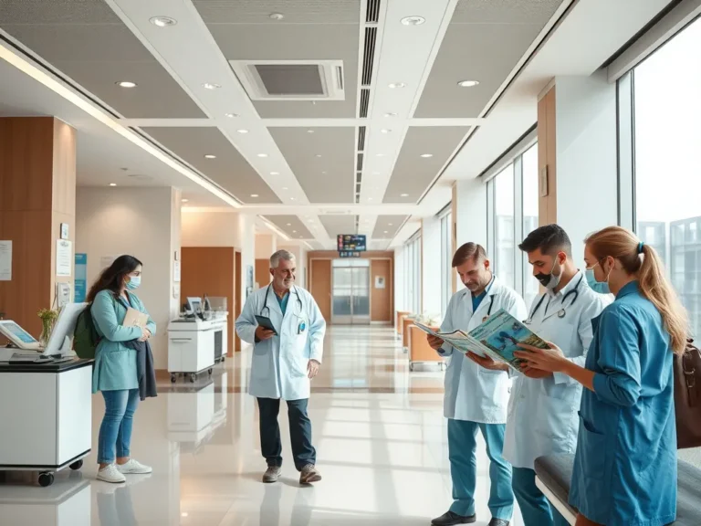 Professional medical editorial photograph of a modern hospital lobby in Turkey with advanced medical equipment and multicultural staff, clean minimalist clinic interior, inclusive atmosphere, international patients browsing stem cell therapy brochures, high quality, natural lighting