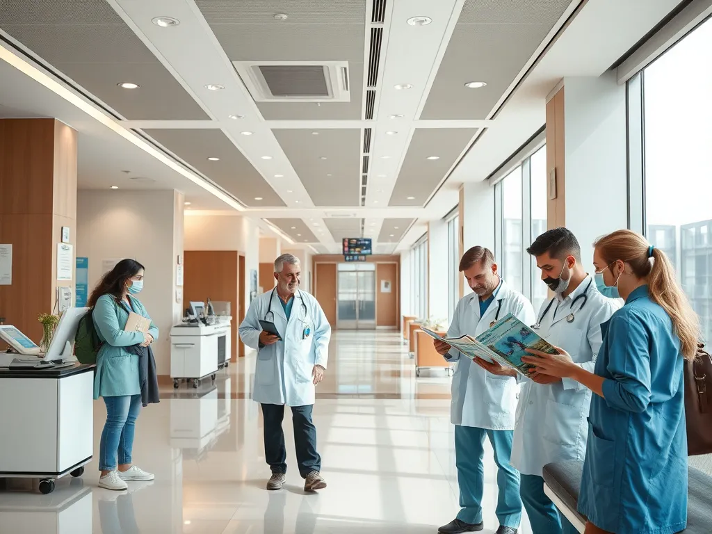 Professional medical editorial photograph of a modern hospital lobby in Turkey with advanced medical equipment and multicultural staff, clean minimalist clinic interior, inclusive atmosphere, international patients browsing stem cell therapy brochures, high quality, natural lighting