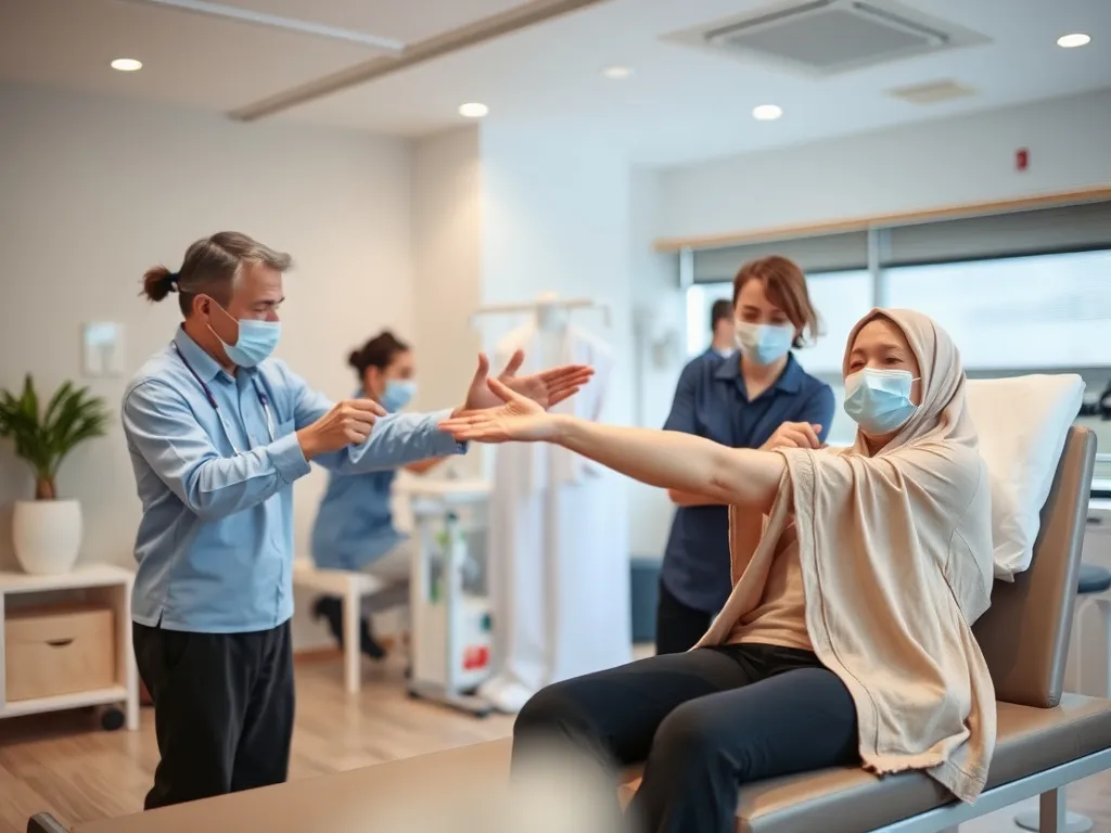 Professional photograph of patients receiving physical therapy post stem cell treatment in a modern rehabilitation center in Turkey, focusing on multicultural patient care and high-tech facilities