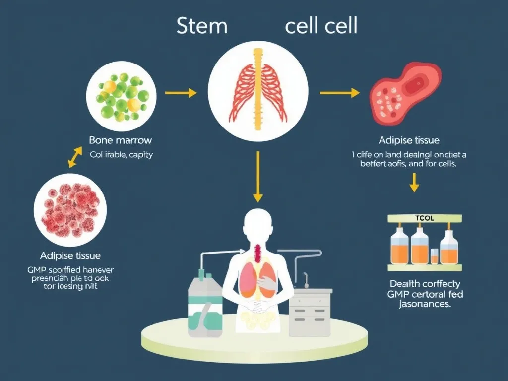 Detailed schematic illustration of stem cell therapy process, showing stem cells being harvested from bone marrow and adipose tissue and being processed in GMP-certified laboratories in Turkey, educational infographic style