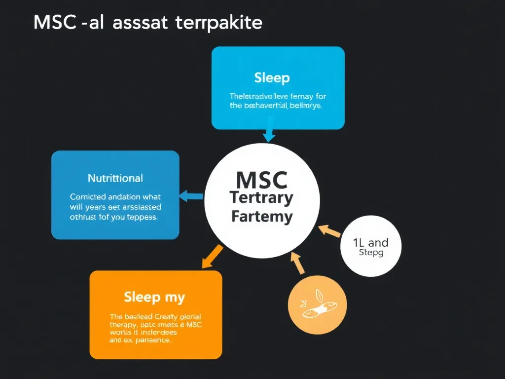 Conceptual diagram of MSC-based therapy future trends, showing possible integration with behavioral therapies, nutritional optimization, and sleep improvement, schematic infographic