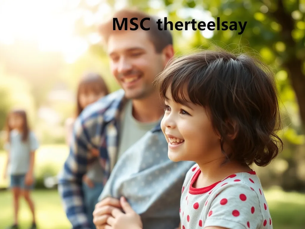 Depiction of potential MSC therapy effects on a child with autism, showing improved social interactions and emotional balance in everyday settings, smiling child with family in a natural outdoor environment, bright natural lighting