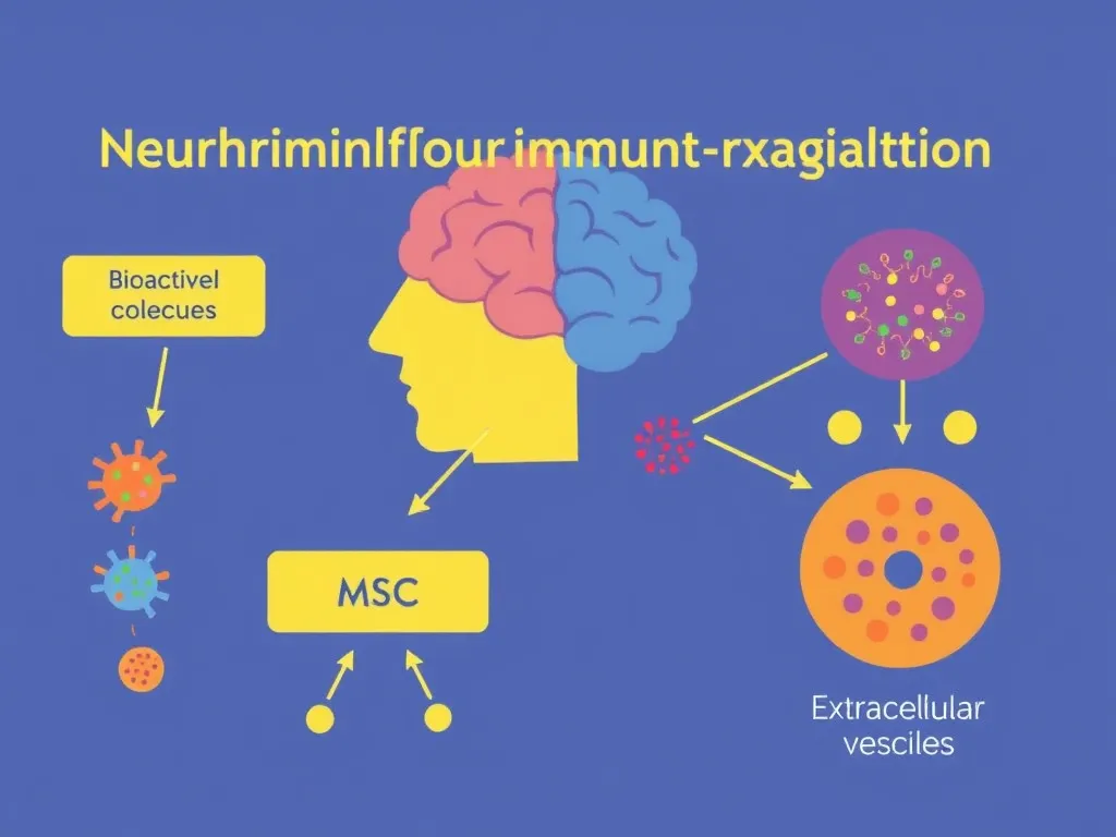 Diagram showing neuroinflammation and immune regulation in autism, with MSCs releasing bioactive molecules and extracellular vesicles, clean and simplified educational illustration