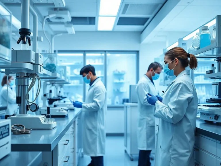 Professional medical editorial photograph of a modern stem cell research laboratory, high quality, clean minimalist design, showing advanced medical equipment and scientists in sterile lab coats working on regenerative medicine research