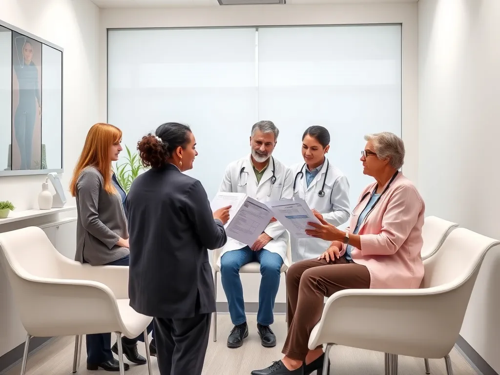 Photorealistic image of a multidisciplinary team discussing a patient's treatment plan in a modern clinic consultation room, professional photography, friendly atmosphere, clean interior