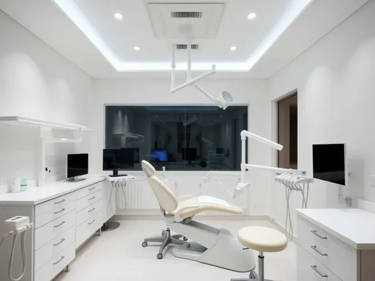 Professional editorial photo of a modern dental clinic in Istanbul, featuring state-of-the-art equipment, clean minimalist design, and a welcoming environment suitable for international patients.