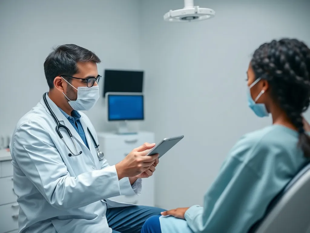 Editorial photo of a professional dental consultation; a dentist in scrubs discussing treatment plans with a fully-clothed patient using a digital tablet; clean and modern clinic setting.