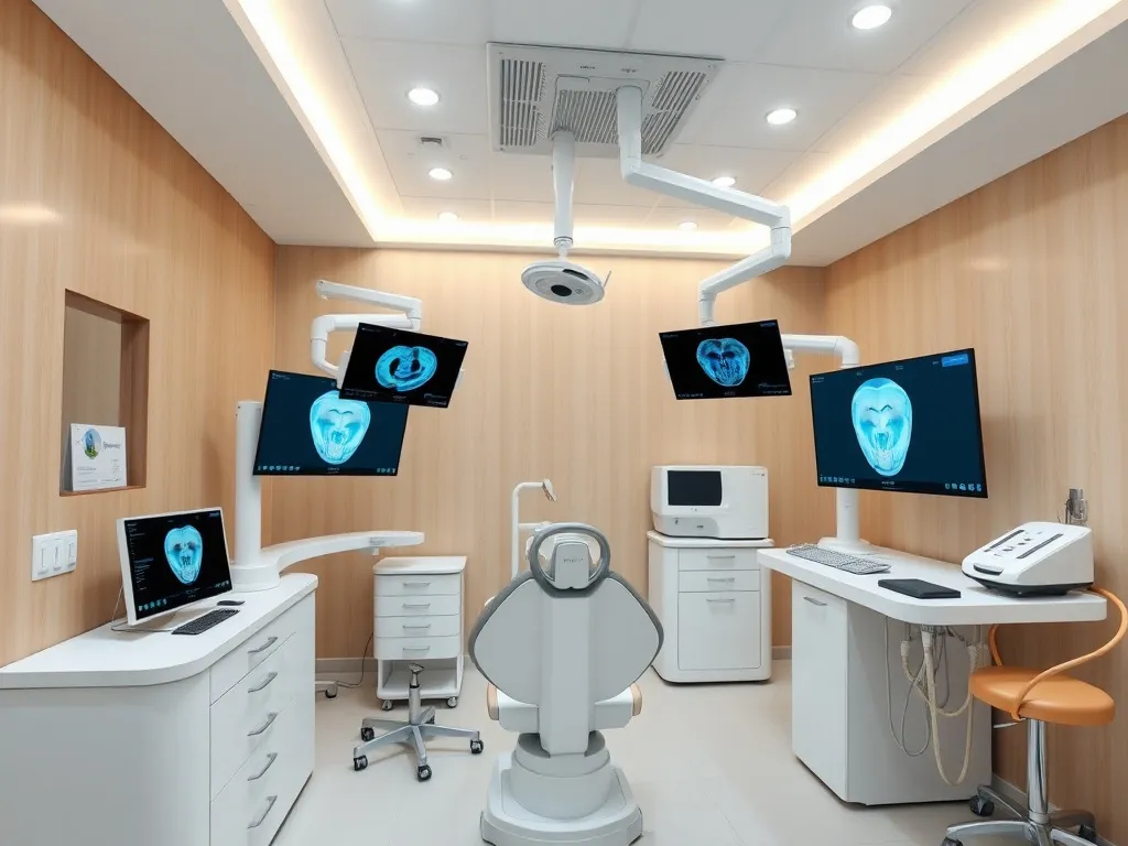 High-quality professional photo of a dental tourism center in Antalya showcasing cutting-edge dental technology, like CBCT and CAD/CAM systems in a clean and organized clinic setting.
