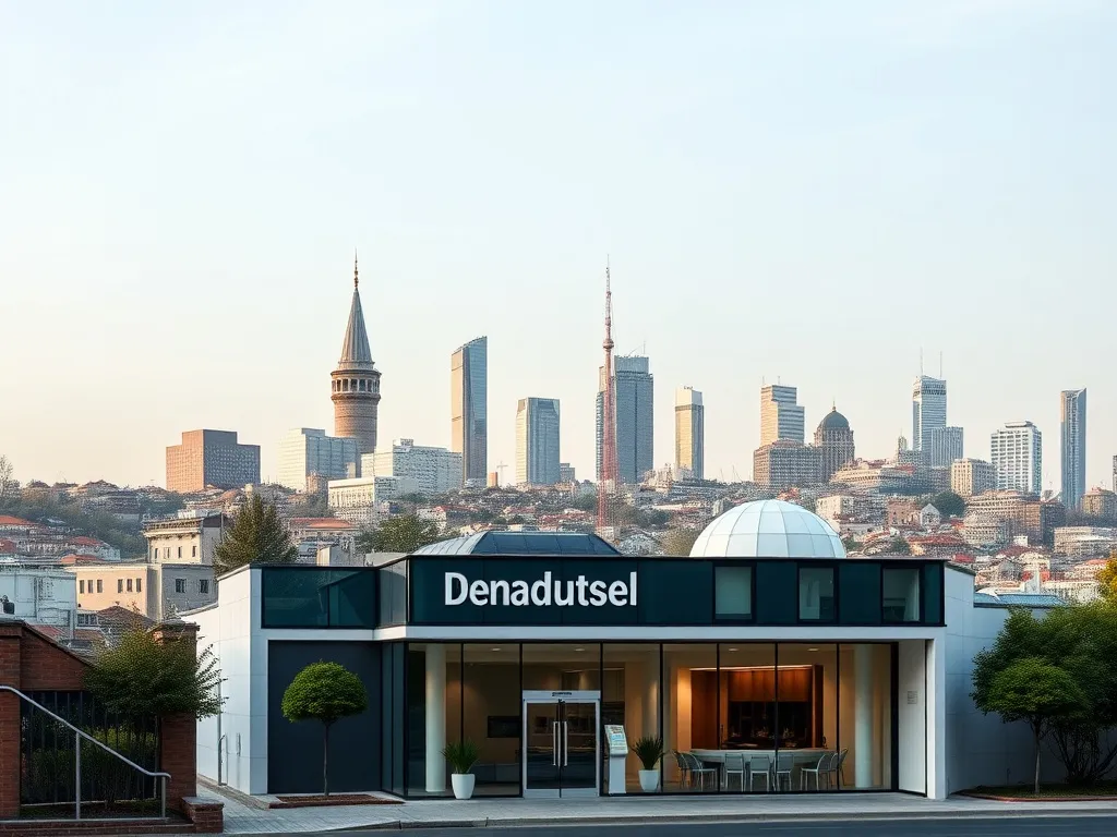 High-quality professional photo showing Istanbul's skyline with a dental clinic in the foreground; modern clinic exterior reflecting the blend of advanced medical facilities and urban landscape.