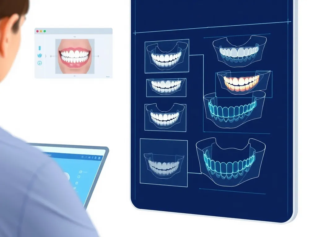 Schematic illustration of digital smile design technology used in dental clinics, showing digital tools and smile simulation outlines, no patient close-ups, focused on technology.