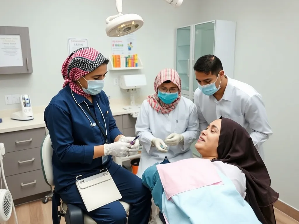Professional photo showing Arabic-speaking dental patients receiving care in a culturally sensitive clinic environment, with a dedicated Arabic-speaking coordinator present.