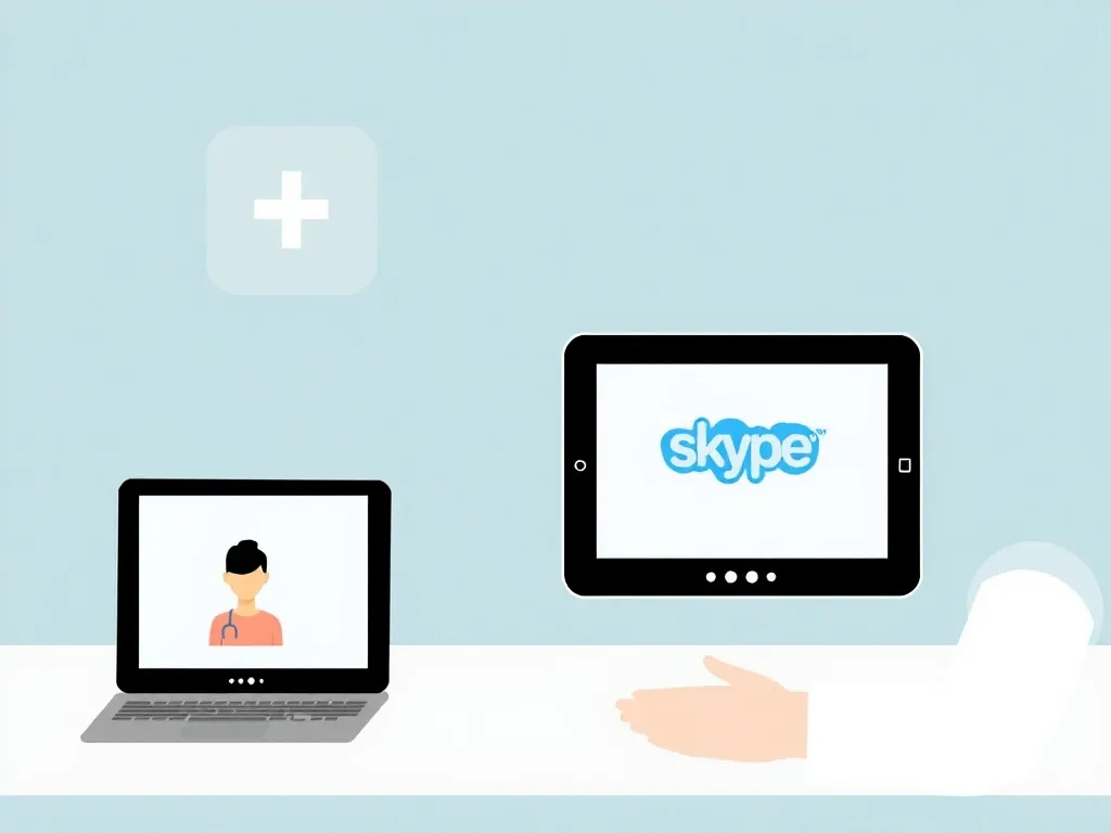A clean, minimalist medical illustration of communication tools used in medical consultations, depicting platforms like Zoom and Skype, shown on devices with digital icons.