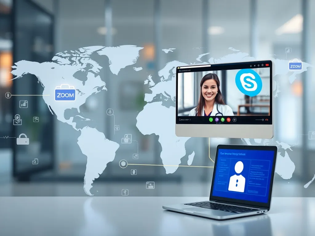 A conceptual image of international medical communication, showing secure video call platforms like Zoom or Skype, and encrypted data exchange, with a blend of modern technology imagery.