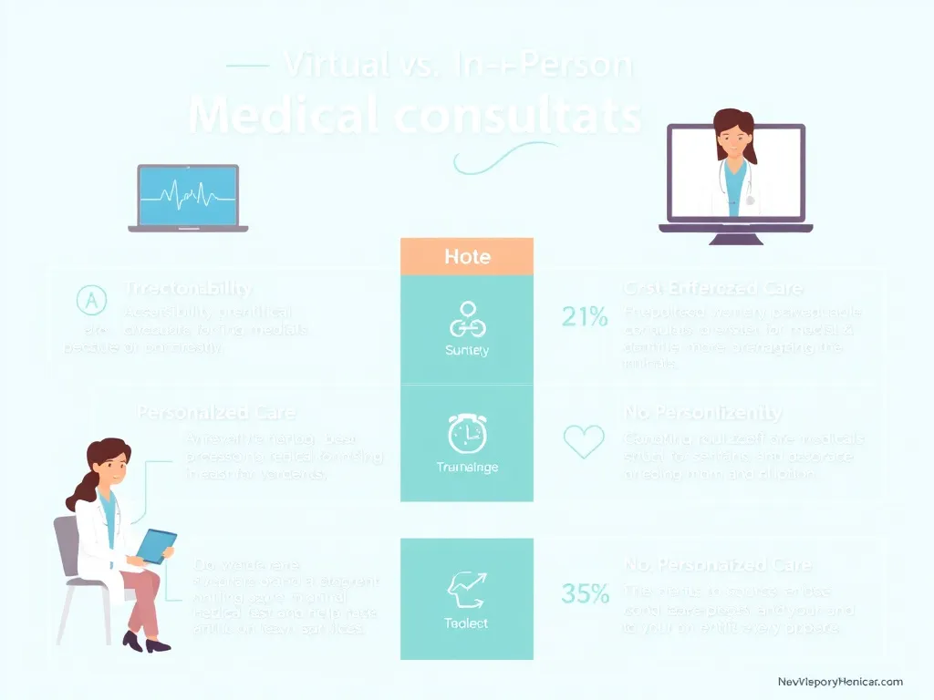 An educational infographic comparing virtual vs. in-person medical consultations, highlighting benefits such as accessibility, cost-effectiveness, and personalized care, in a clear, medical illustration style.